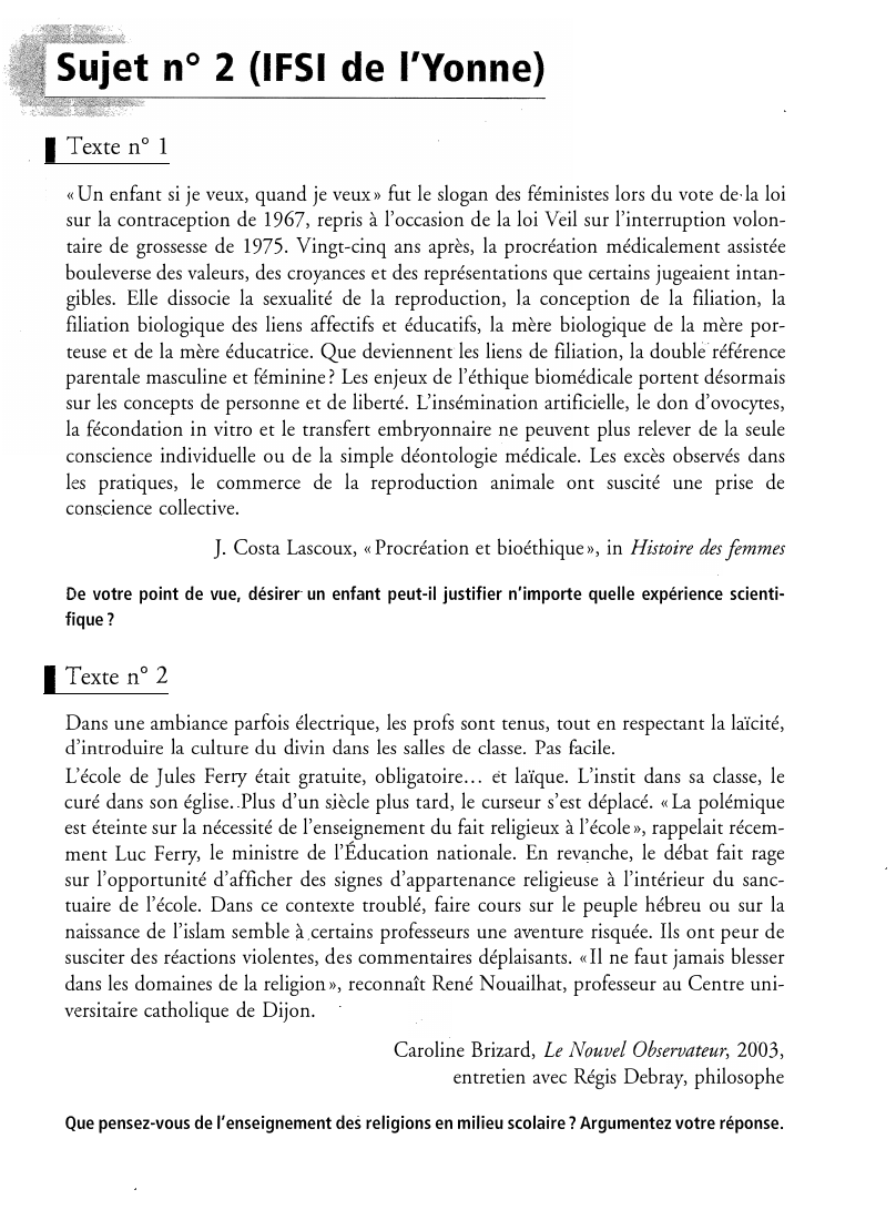 Prévisualisation du document Sujet n° 2 (IFSI de l'Yonne)