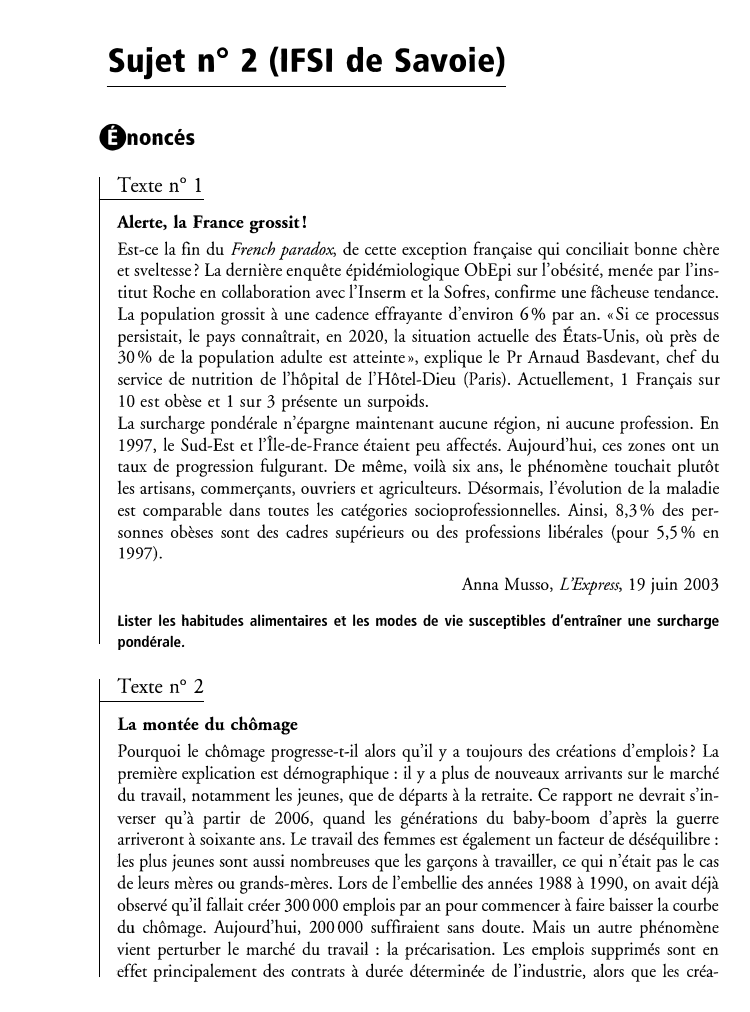 Prévisualisation du document Sujet n ° 2 (IFSI de Savoie)
@noncés
Texte n ° 1
Alerte, la France grossit!
Est-ce la fin du...