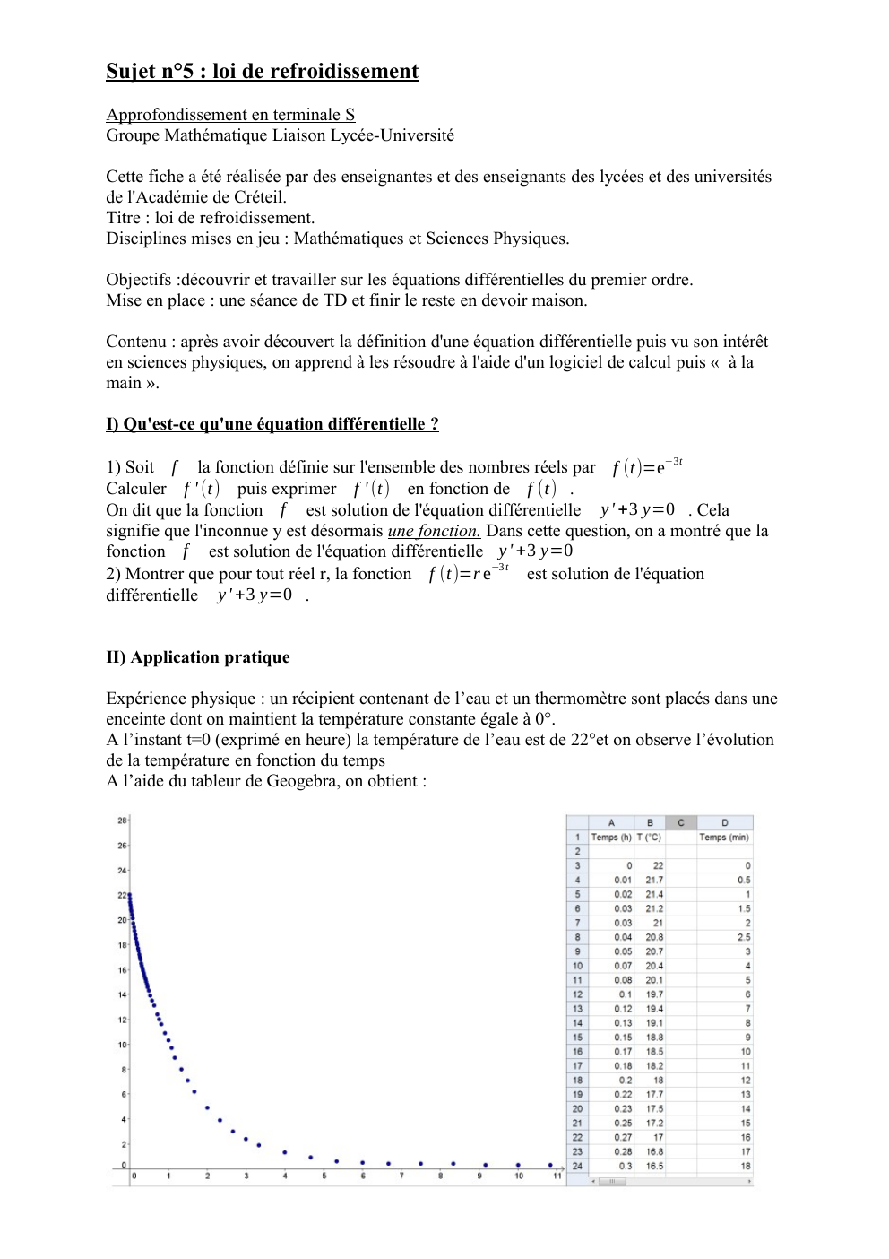 Prévisualisation du document Sujet n°5 : loi de refroidissement