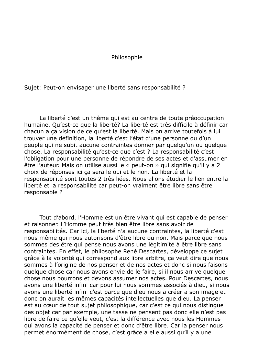 Prévisualisation du document Sujet: Peut-on envisager une liberté sans responsabilité ?