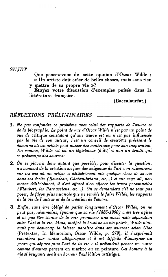 Prévisualisation du document SUJET

Qùe pensez-vous de cette opinion d'Oscar Wilde :
« Un artiste doit créer. de belles choses, mais sans rien...