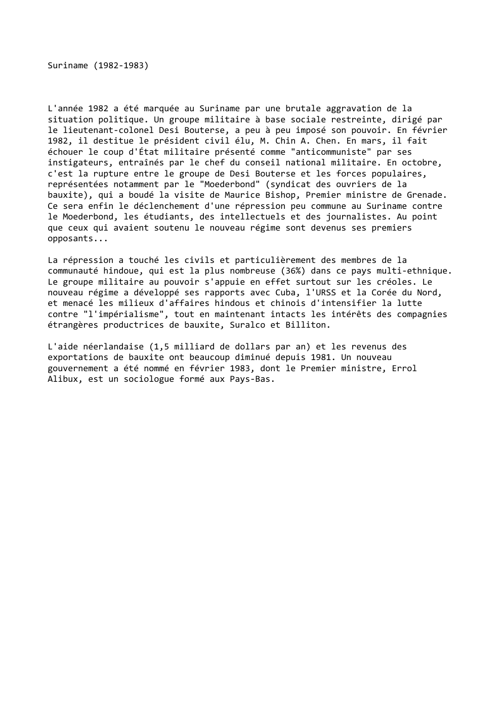 Prévisualisation du document Suriname (1982-1983)

L'année 1982 a été marquée au Suriname par une brutale aggravation de la
situation politique. Un groupe militaire...