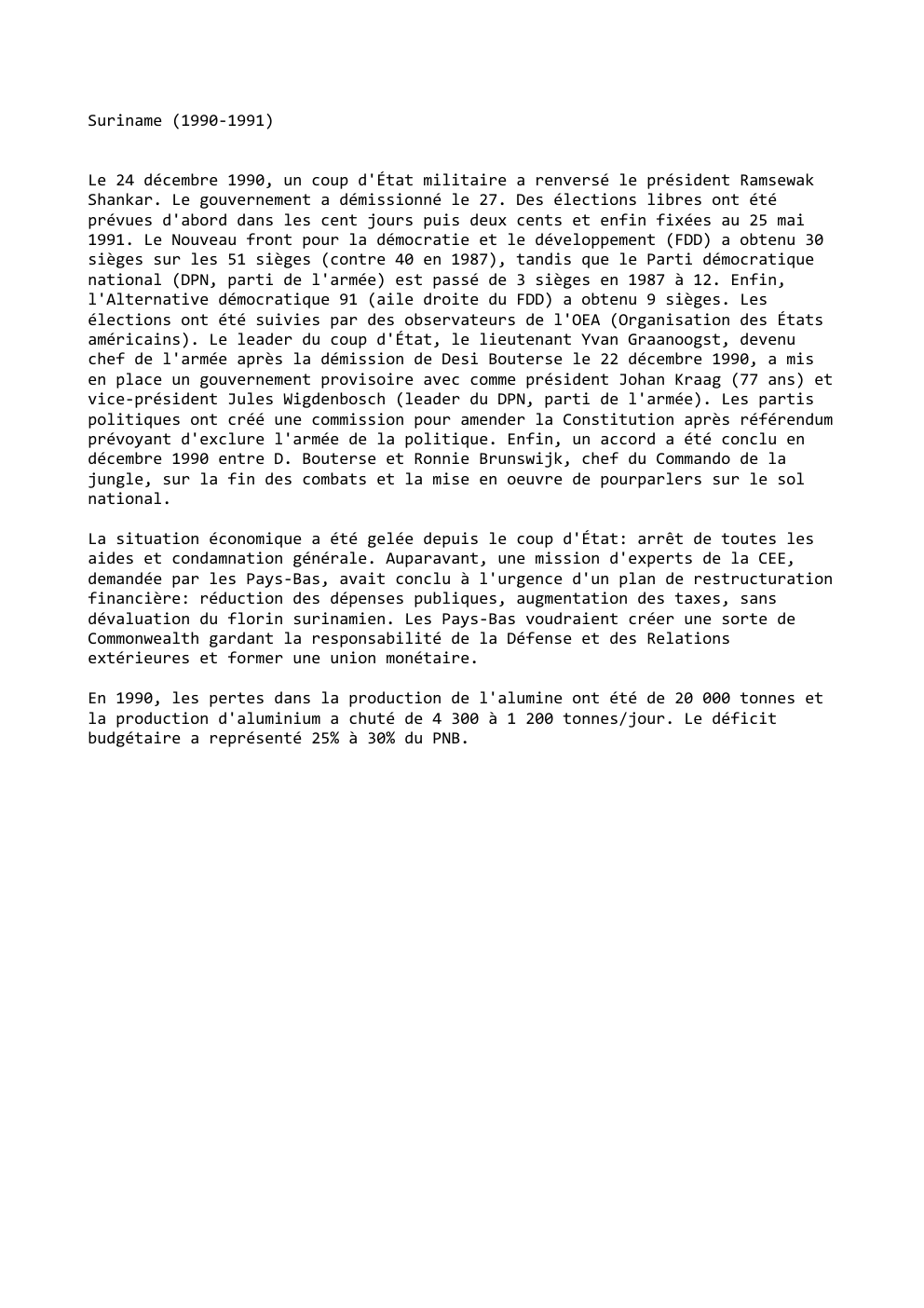 Prévisualisation du document Suriname (1990-1991)
Le 24 décembre 1990, un coup d'État militaire a renversé le président Ramsewak
Shankar. Le gouvernement a démissionné...