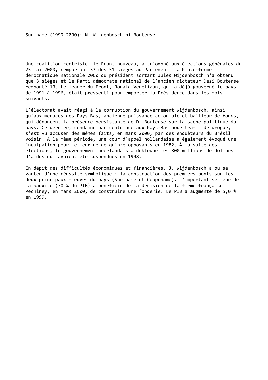 Prévisualisation du document Suriname (1999-2000): Ni Wijdenbosch ni Bouterse