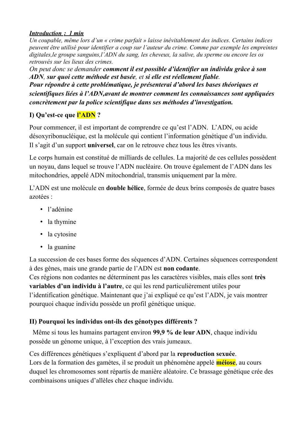 Prévisualisation du document svt grand oral:  comment il est possible d’identifier un individu grâce à son ADN