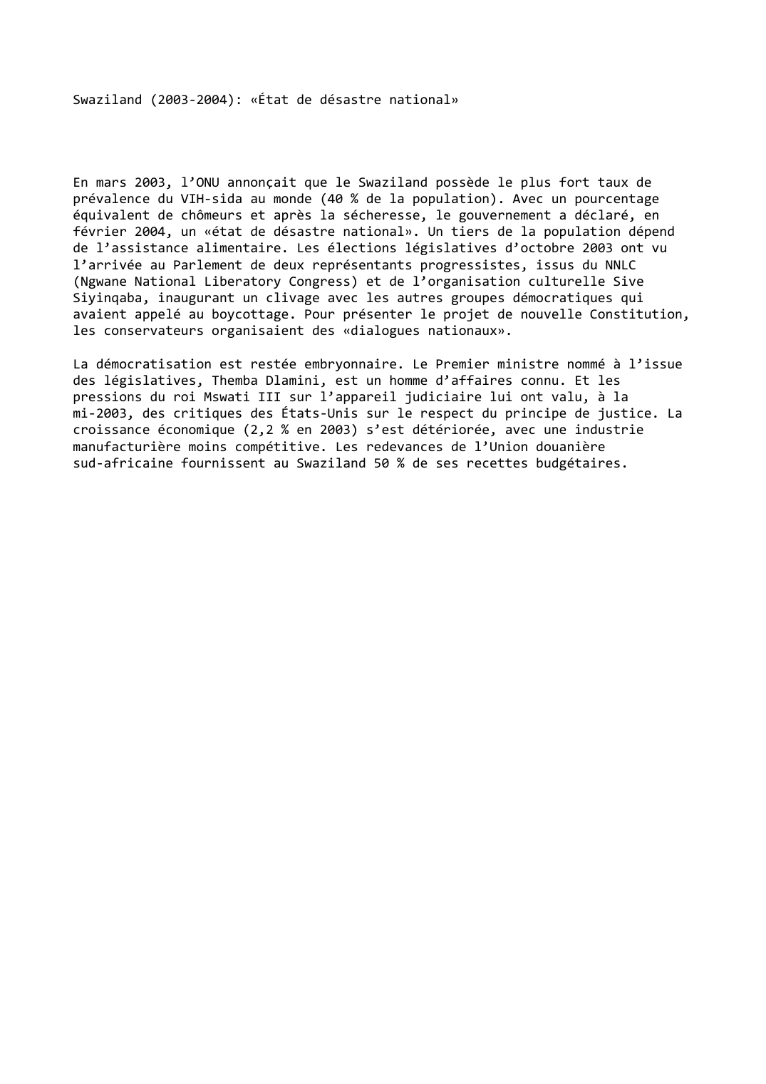 Prévisualisation du document Swaziland (2003-2004): «État de désastre national»