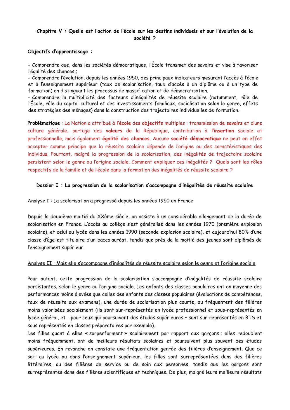 Prévisualisation du document Synthèse-cours SES Chapitre V : Quelle est l’action de l’école sur les destins individuels et sur l’évolution de la société ?