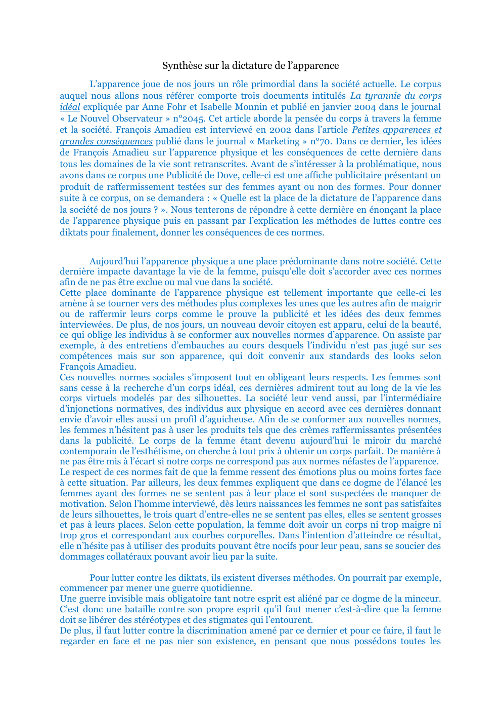 Prévisualisation du document SYNTHESE DICTATURE DE L'APPARENCE
