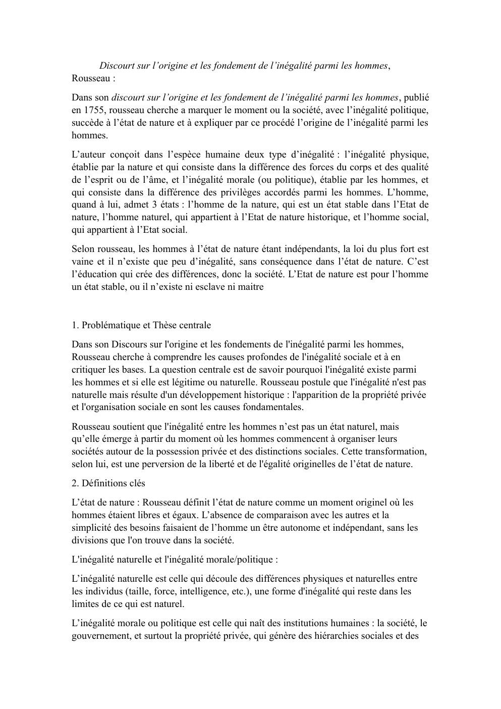 Prévisualisation du document synthèse du discourt sur l'origine et les fondements de l'inégalité parmi les hommes, rousseau