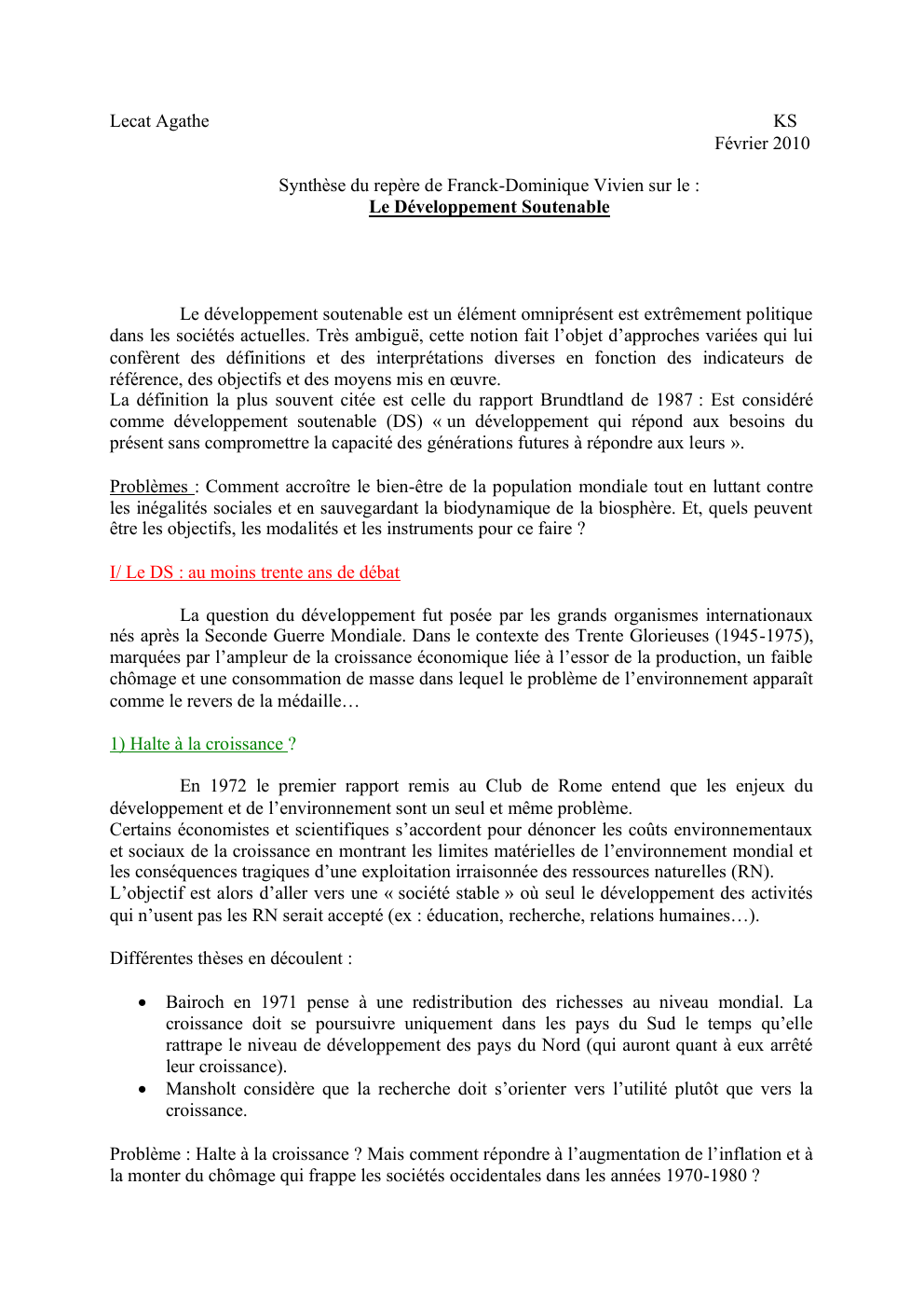 Prévisualisation du document Synthèse du repère de Franck-Dominique Vivien sur le : Le Développement Soutenable