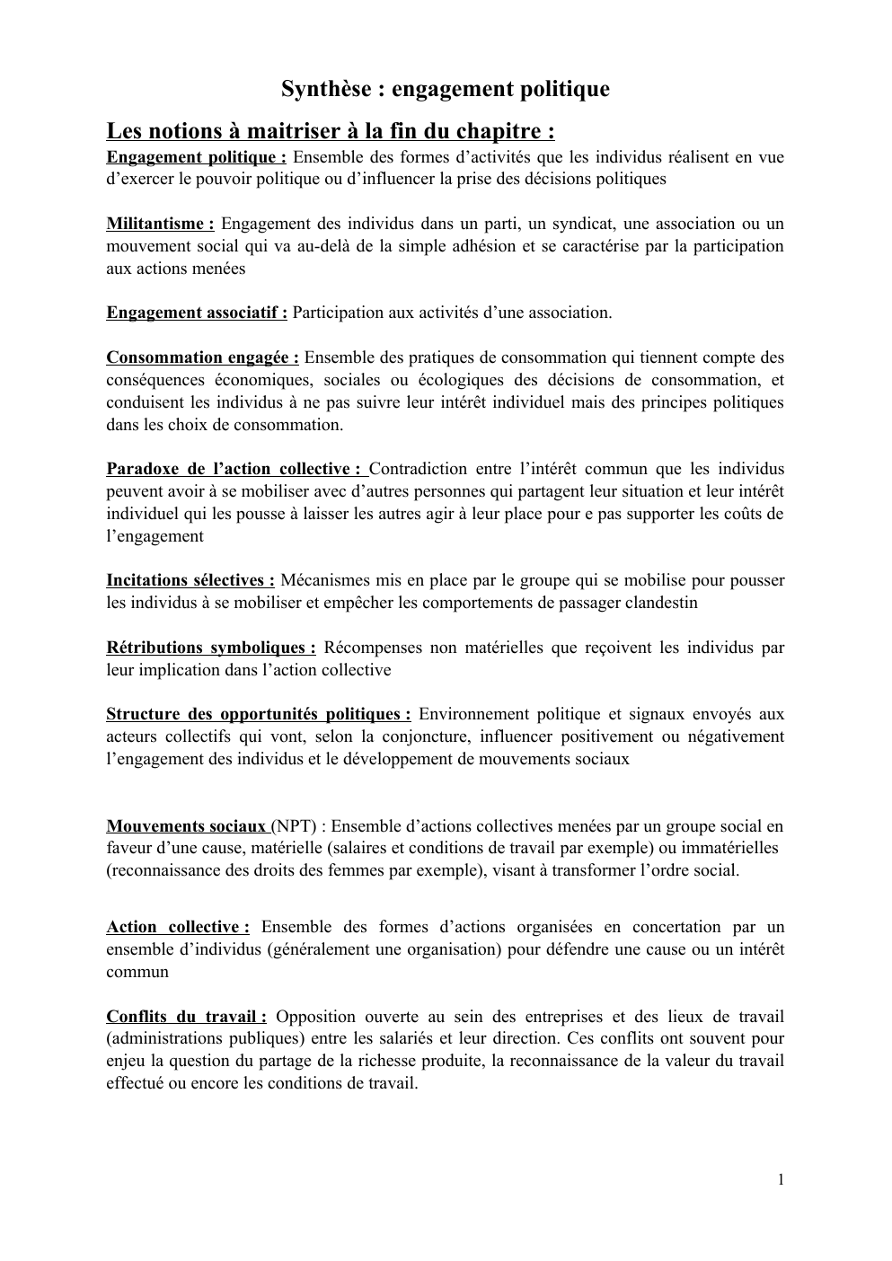 Prévisualisation du document Synthèse : engagement politique