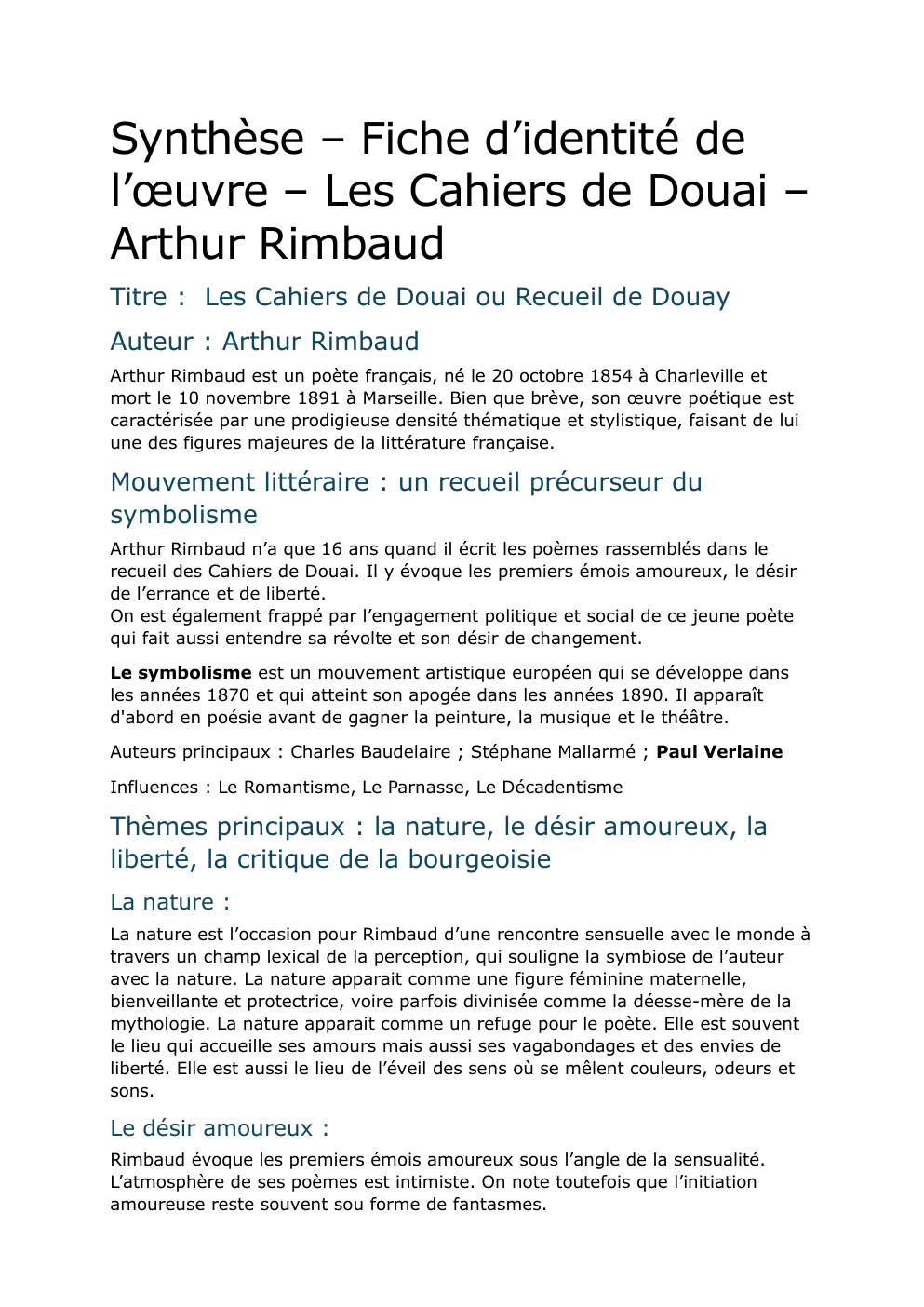 Prévisualisation du document Synthèse – Fiche d’identité de l’œuvre – Les Cahiers de Douai – Arthur Rimbaud