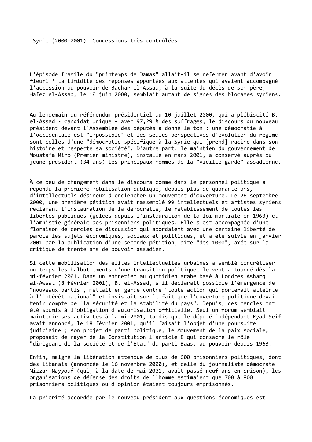 Prévisualisation du document Syrie (2000-2001): Concessions très contrôlées