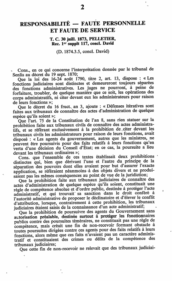Prévisualisation du document T. C. 30 juill. 1873, PELLETIER, Rec. 1er supplt 117, concl. David (D. 1874.3.5, concl. David)