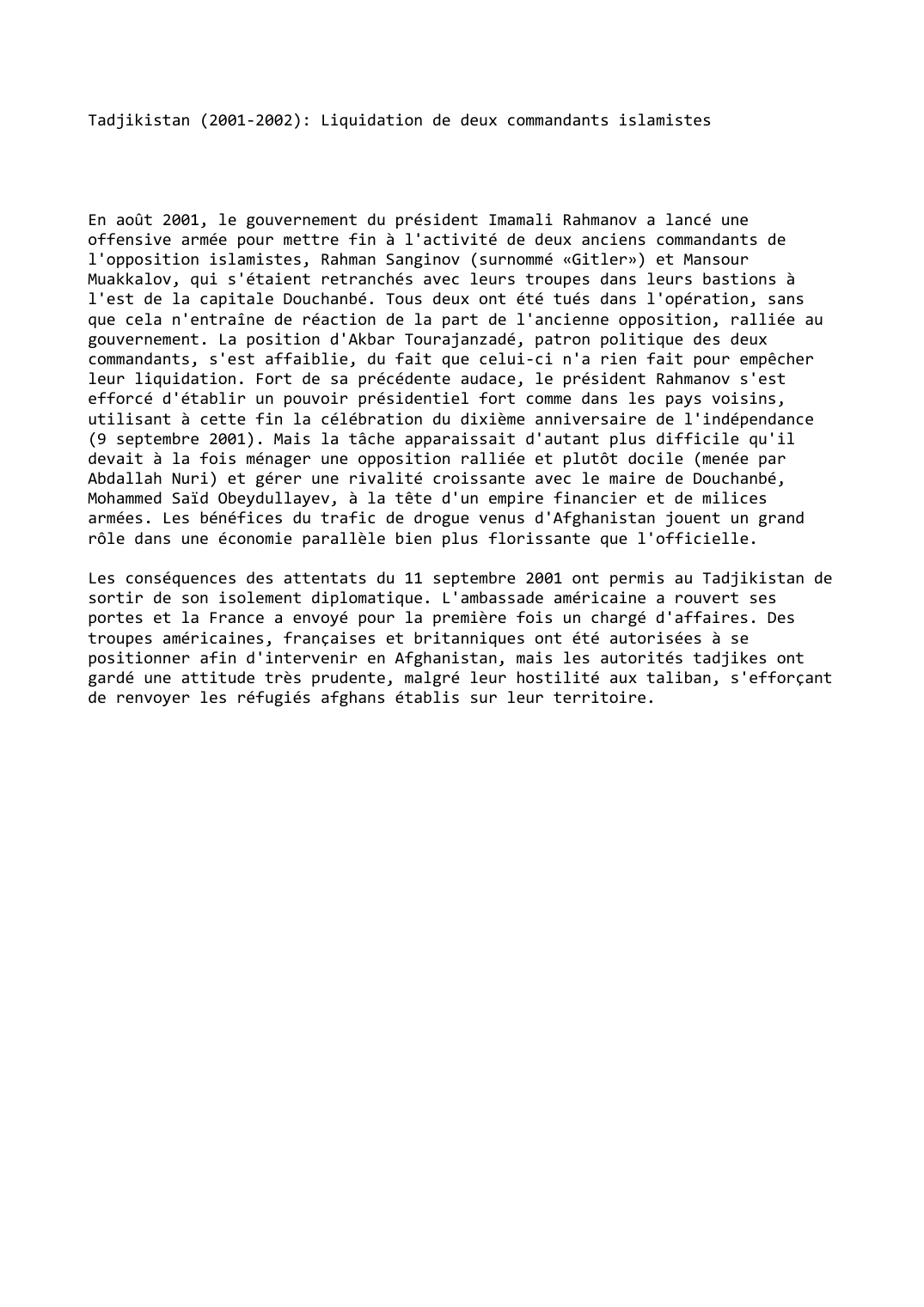 Prévisualisation du document Tadjikistan (2001-2002): Liquidation de deux commandants islamistes
