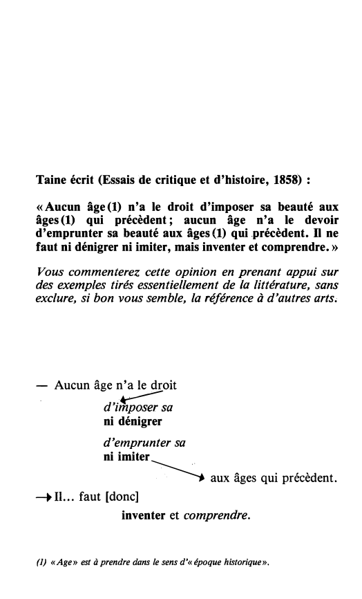 Prévisualisation du document Taine écrit (Essais de critique et d'histoire, 1858) :
« Aucun âge (1) n'a le droit d'imposer sa beauté aux âges (1) qui précèdent; aucun âge n'a le devoir d'emprunter sa beauté aux âges (1) qui .précèdent. Il ne faut ni dénigrer ni imiter, mais inventer et comprendre.»
Vous commenterez cette opinion en prenant appui sur des exemples tirés essentiellement de la littérature, sans exclure, si bon vous semble, la référence à d'autres arts.