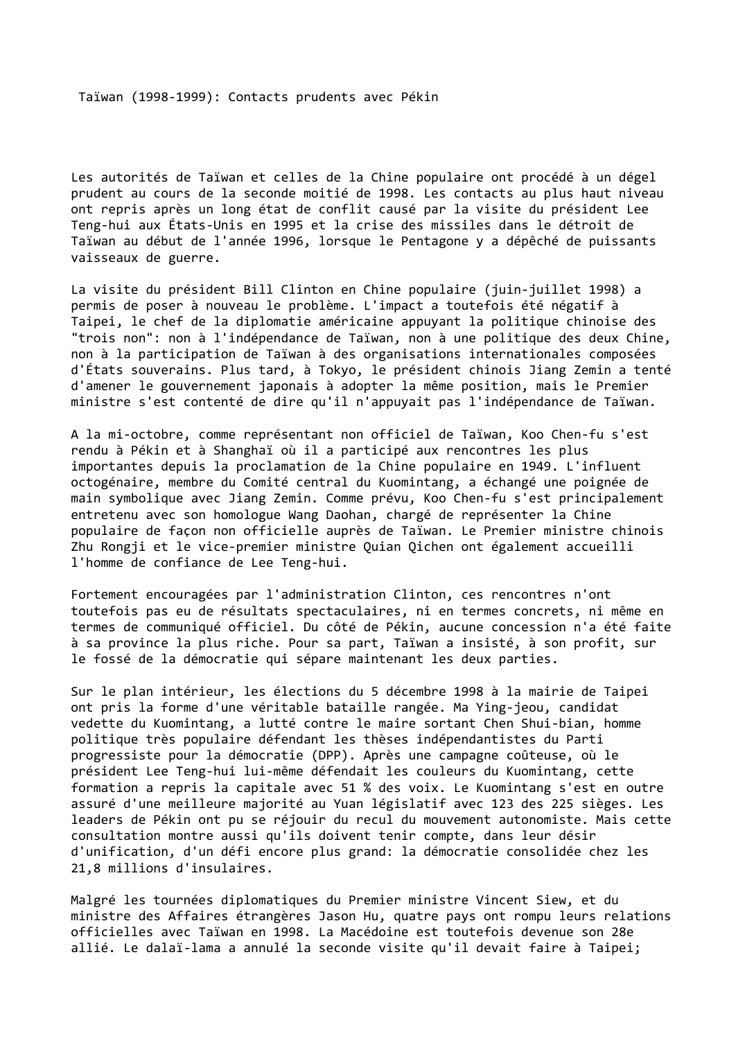 Prévisualisation du document Taïwan (1998-1999): Contacts prudents avec Pékin