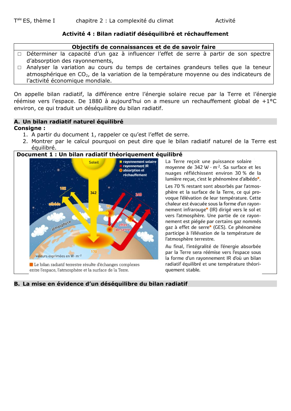 Prévisualisation du document Tale ES, thème I  chapitre 2 : La complexité du climat  Activité  Activité 4 : Bilan radiatif déséquilibré et réchauffement