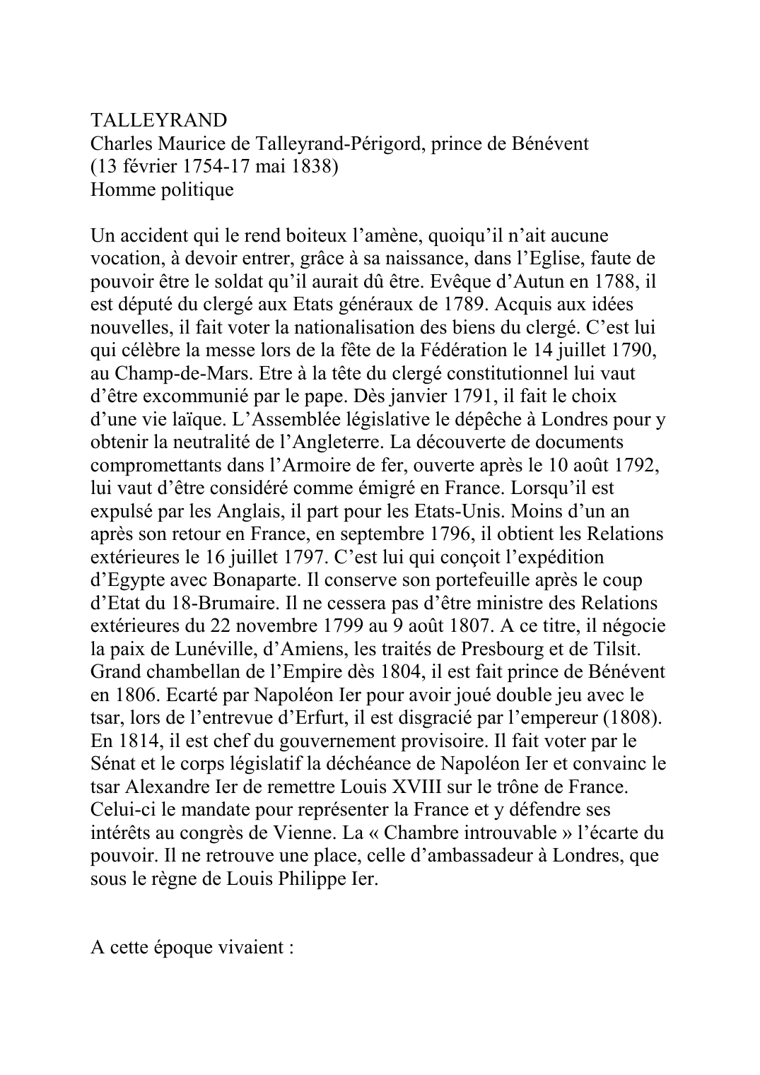 Prévisualisation du document TALLEYRAND Charles Maurice de Talleyrand-Périgord, prince de Bénévent (13 février 1754-17 mai