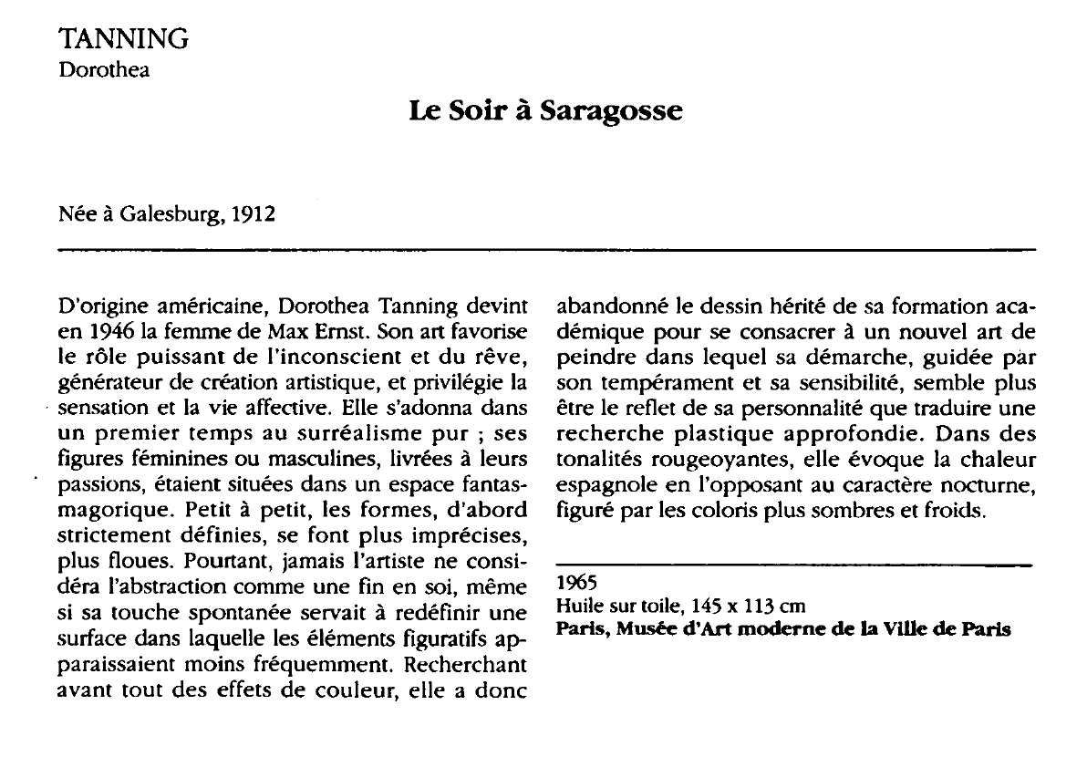 Prévisualisation du document TANNING Dorothea : Le Soir à Saragosse