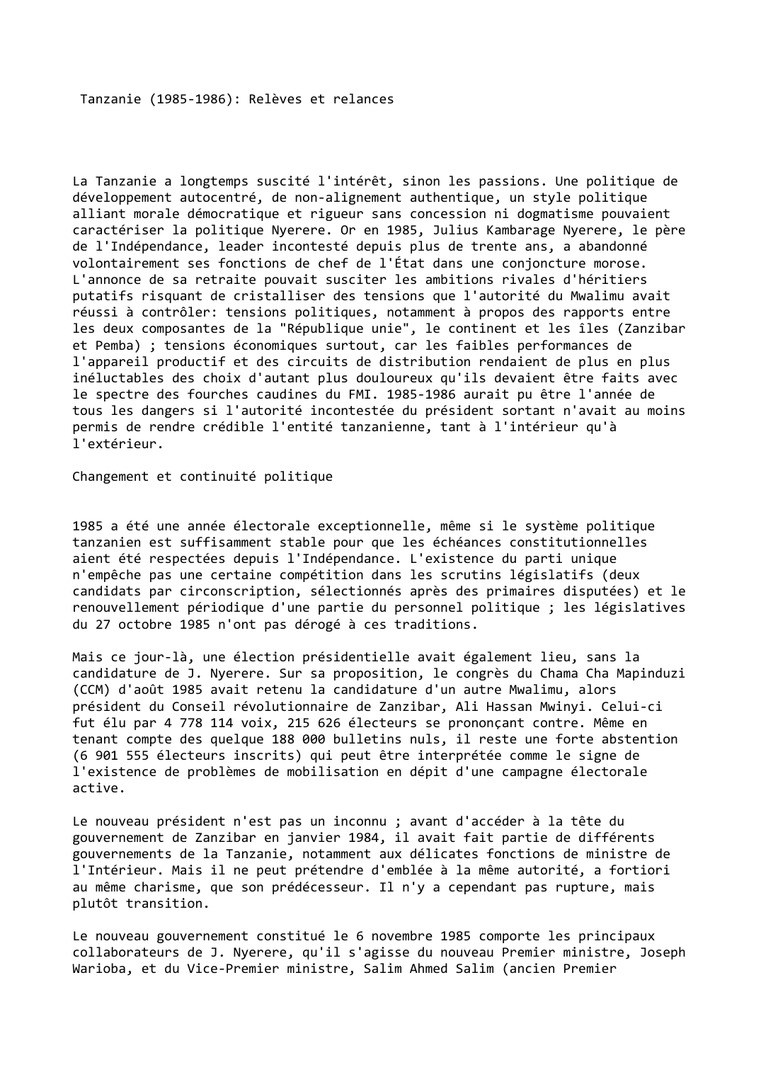 Prévisualisation du document Tanzanie (1985-1986): Relèves et relances