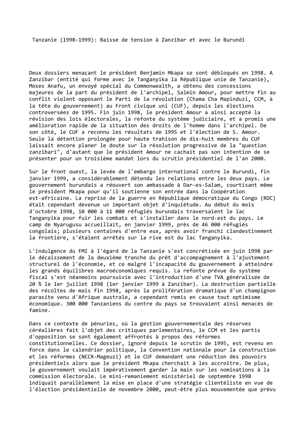 Prévisualisation du document Tanzanie (1998-1999): Baisse de tension à Zanzibar et avec le Burundi