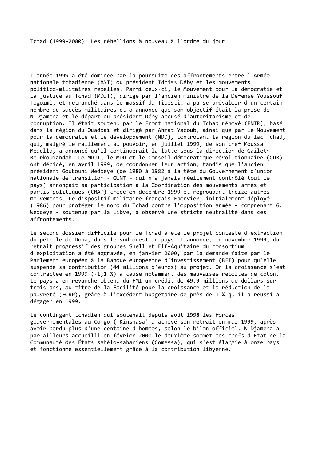 Prévisualisation du document Tchad (1999-2000): Les rébellions à nouveau à l'ordre du jour