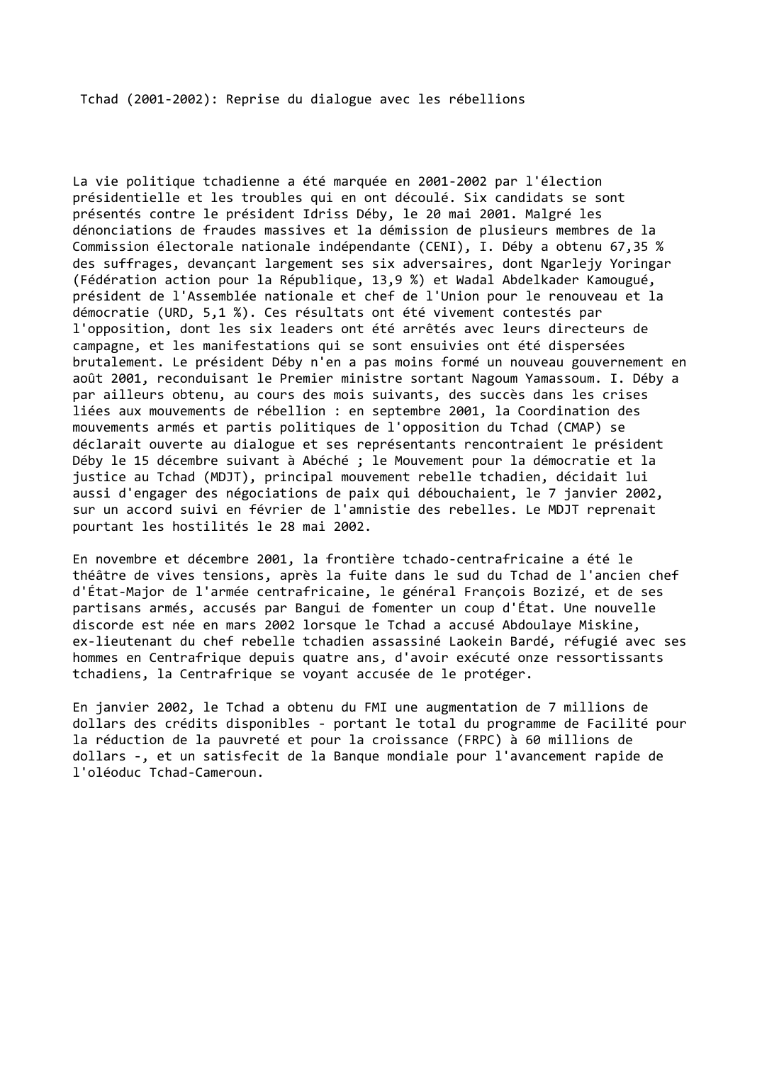 Prévisualisation du document Tchad (2001-2002): Reprise du dialogue avec les rébellions