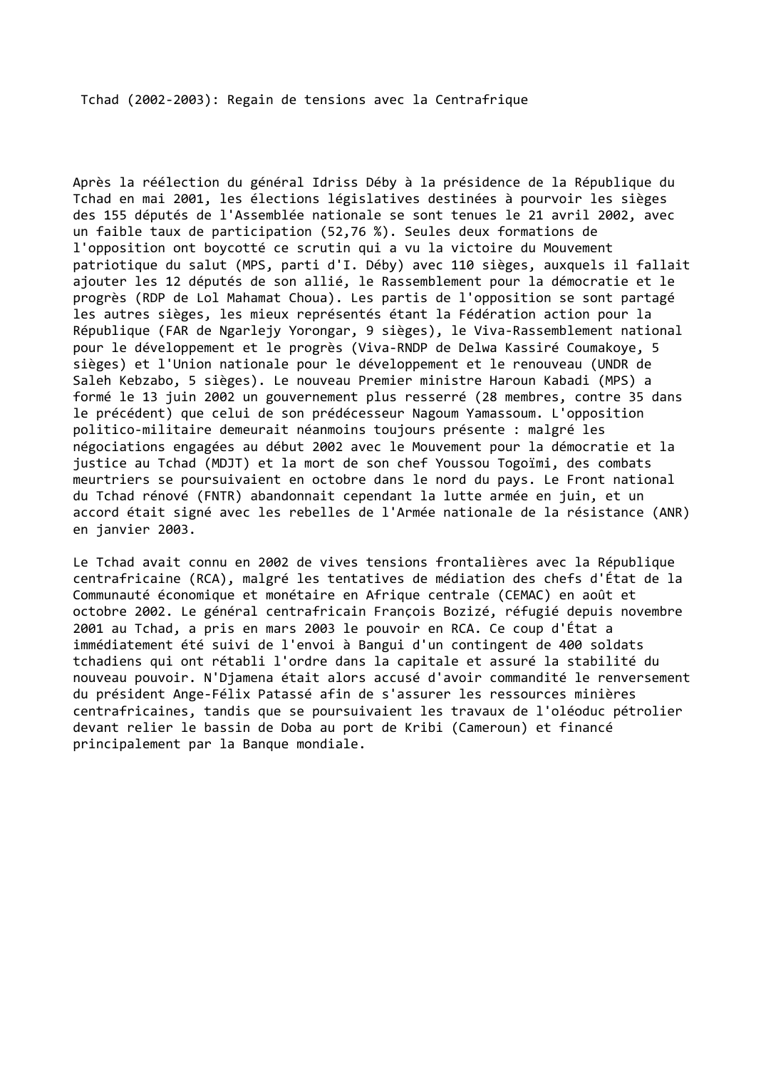 Prévisualisation du document Tchad (2002-2003): Regain de tensions avec la Centrafrique