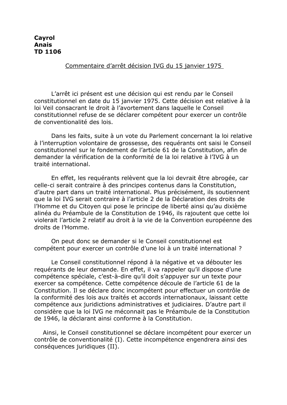 Prévisualisation du document TD 1106 Commentaire d’arrêt décision IVG du 15 janvier 1975