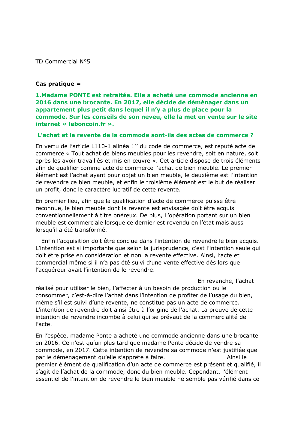 Prévisualisation du document TD Commercial N°5  Cas pratique = 1.Madame PONTE