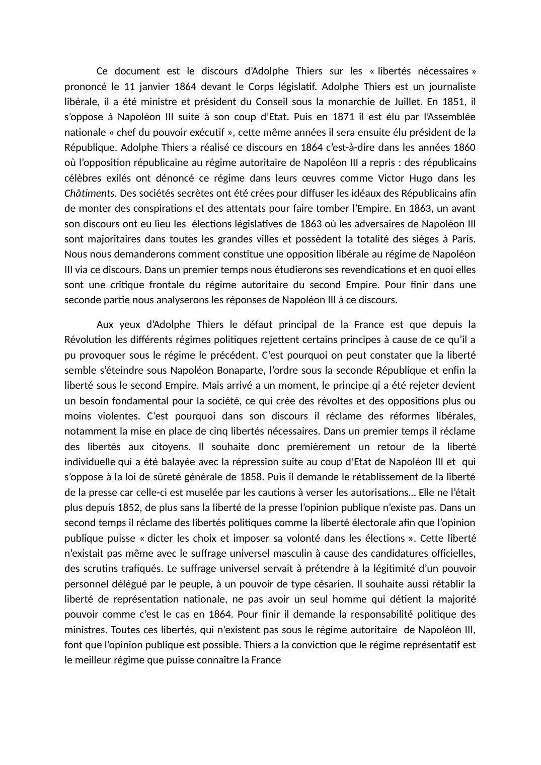 Prévisualisation du document TD histoire d’Adolphe Thiers sur les « libertés nécessaires » prononcé le 11 janvier 1864