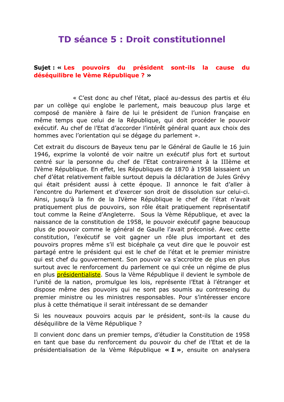 Prévisualisation du document TD séance 5 : Droit constitutionnel Sujet : « Les pouvoirs du président déséquilibre le Vème République ? »
