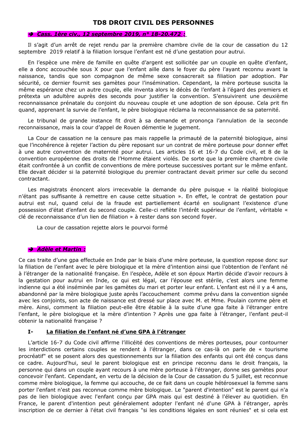 Prévisualisation du document TD8 DROIT CIVIL DES PERSONNES  Cass. 1ère civ., 12 septembre 2019, n° 18-20.472