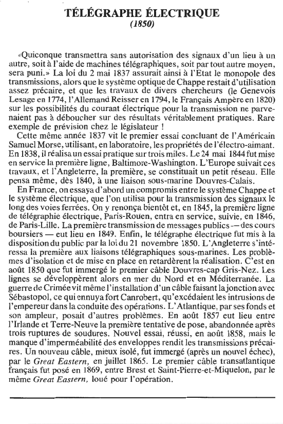 Prévisualisation du document TÉLÉGRAPHE ÉLECTRIQUE( 1850) (HISTOIRE).