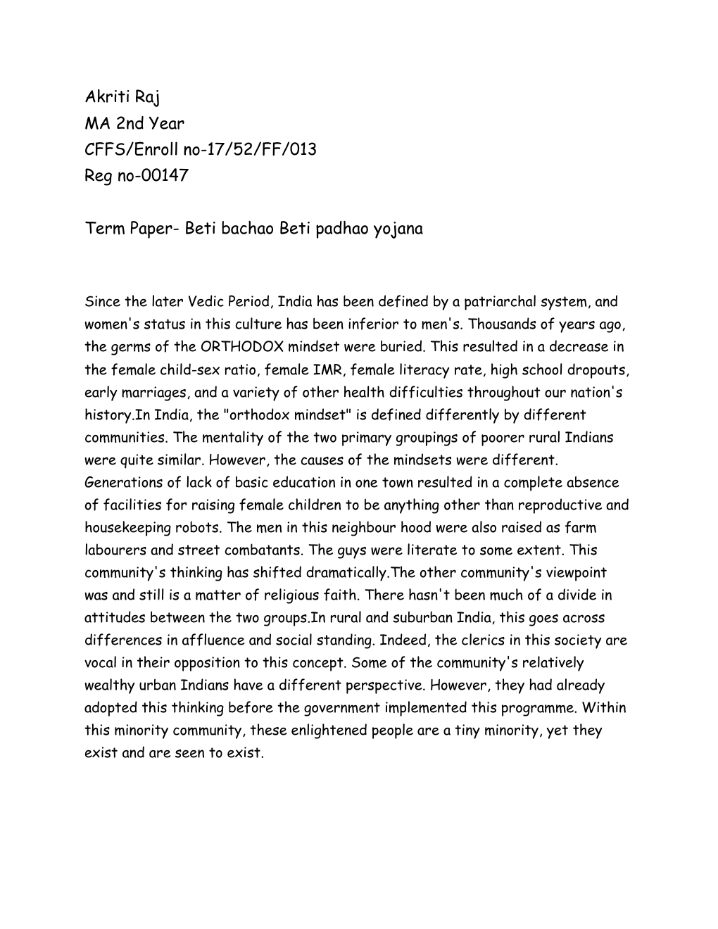 Prévisualisation du document Term Paper- Beti bachao Beti padhao yojana
