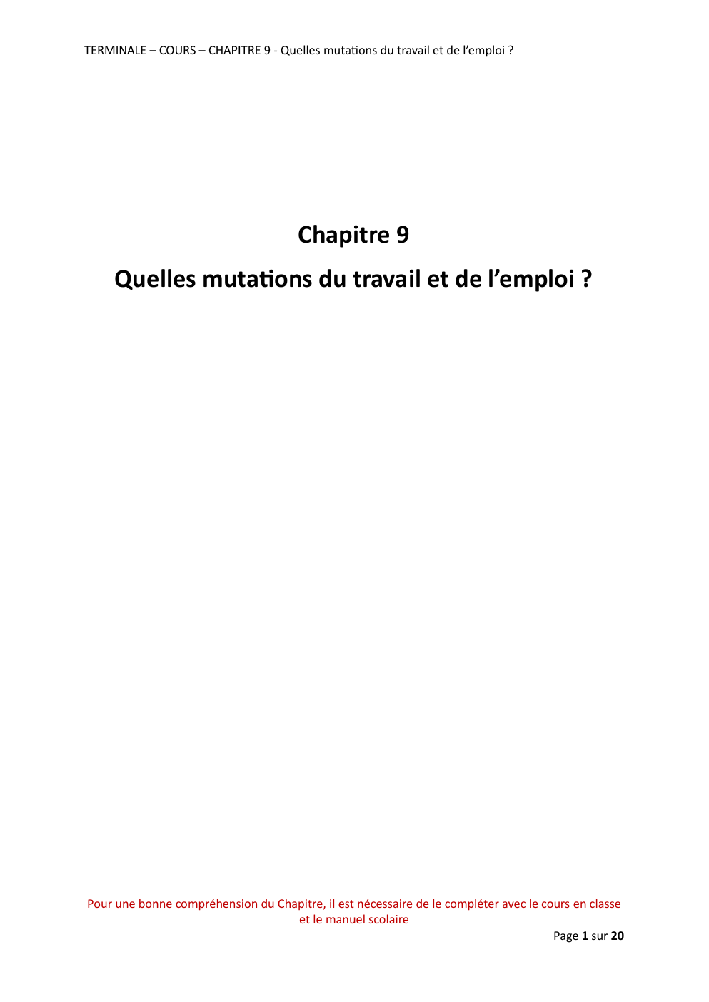 Prévisualisation du document TERMINALE COURS CHAPITRE 9 : Quelles mutations du travail et de l'emploi ?