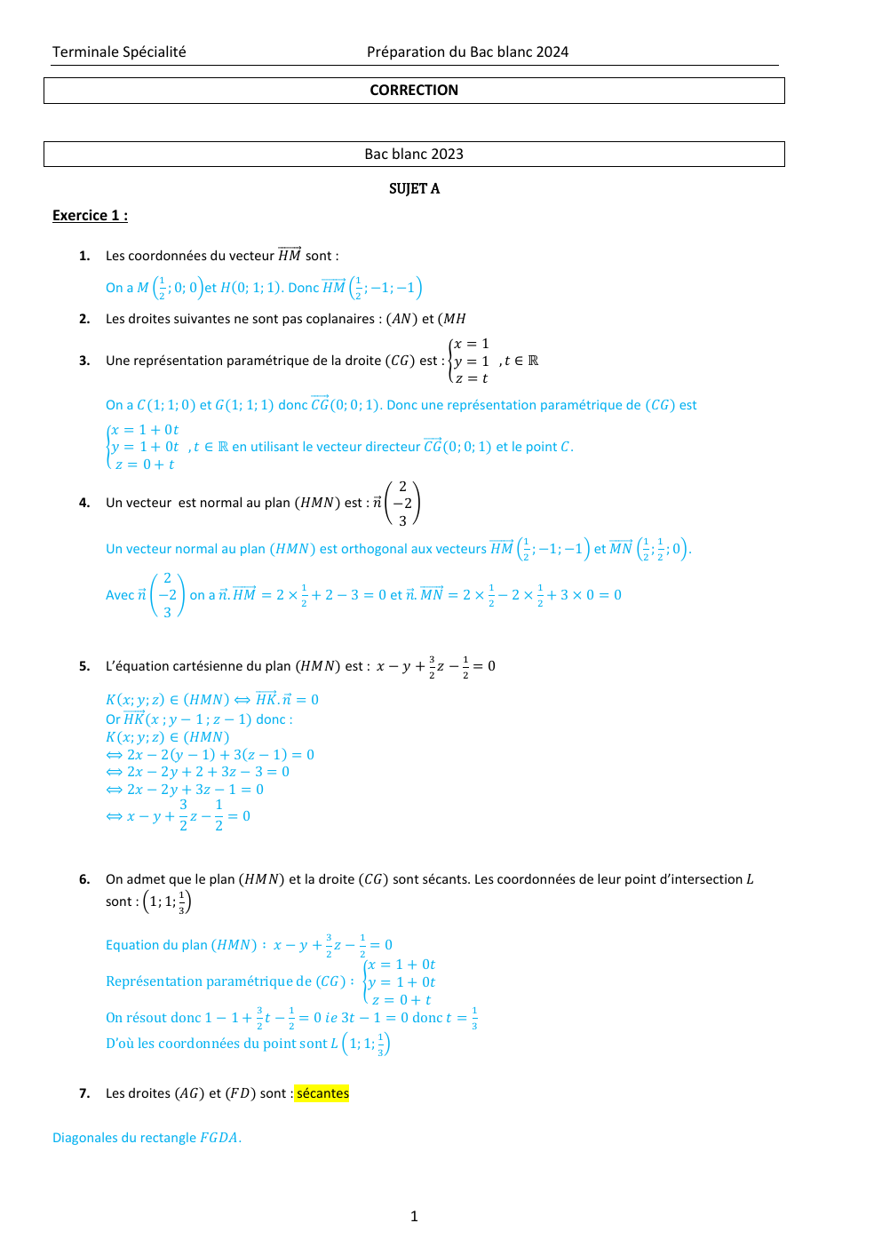 Prévisualisation du document Terminale Spécialité  Préparation du Bac blanc 2024 CORRECTION  Bac blanc 2023