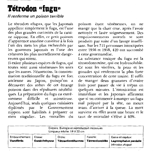 Prévisualisation du document Tétrodon fugu:Il renferme un poison terrible.