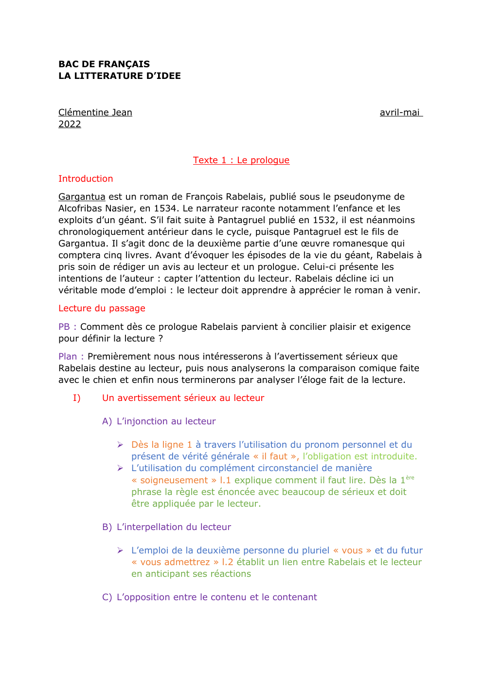 Prévisualisation du document Texte 1 : Le prologue Introduction Gargantua BAC DE FRANÇAIS LA LITTERATURE D’IDEE