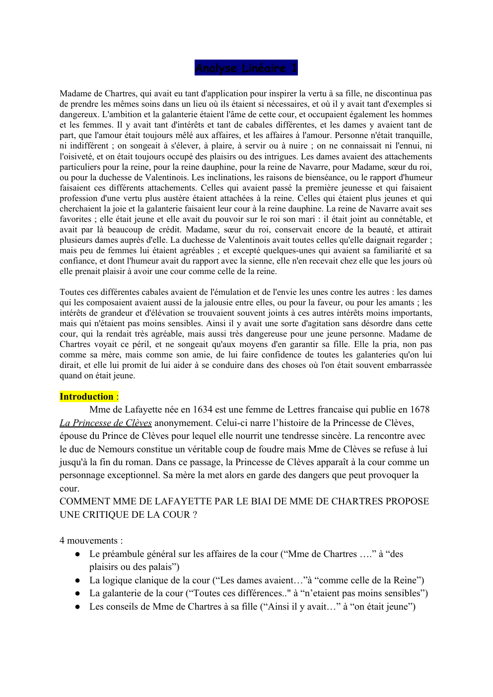 Prévisualisation du document TEXTE 1 Mme de Lafayette, "Le Discours de Mme de Chartres à sa fille", Analyse Linéaire