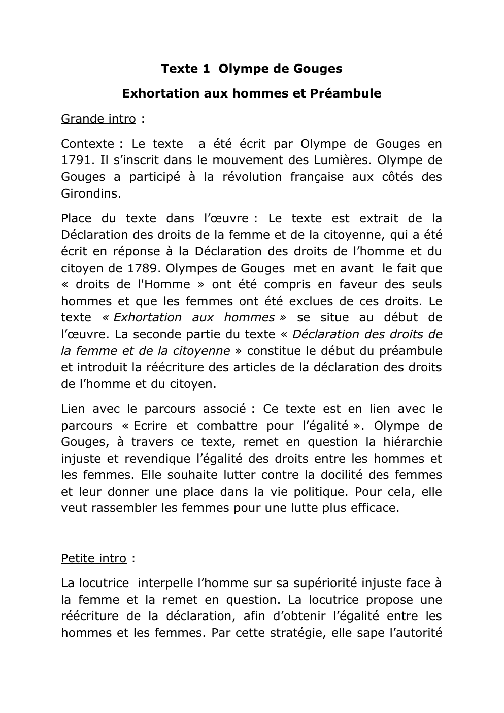 Prévisualisation du document Texte 1 Olympe de Gouges Exhortation aux hommes et Préambule