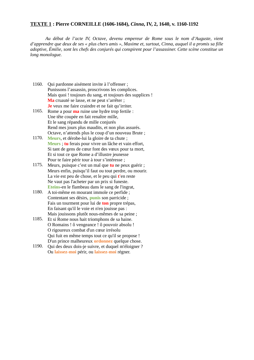 Prévisualisation du document TEXTE 1 : Pierre CORNEILLE (1606-1684), Cinna , IV, 2, 1640, v. 1160-1192