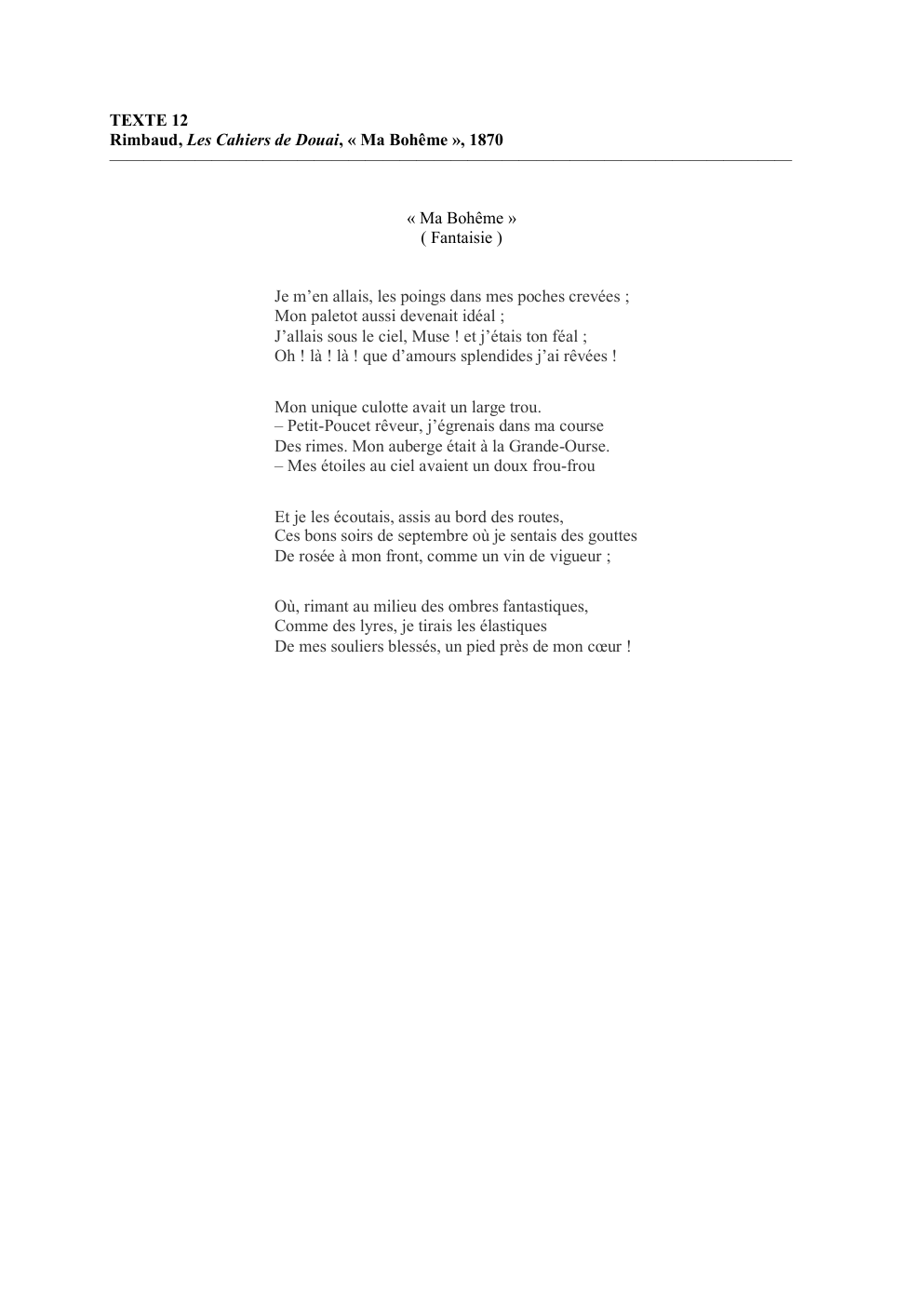Prévisualisation du document TEXTE 12 Rimbaud, Les Cahiers de Douai, « Ma Bohême », 1870
