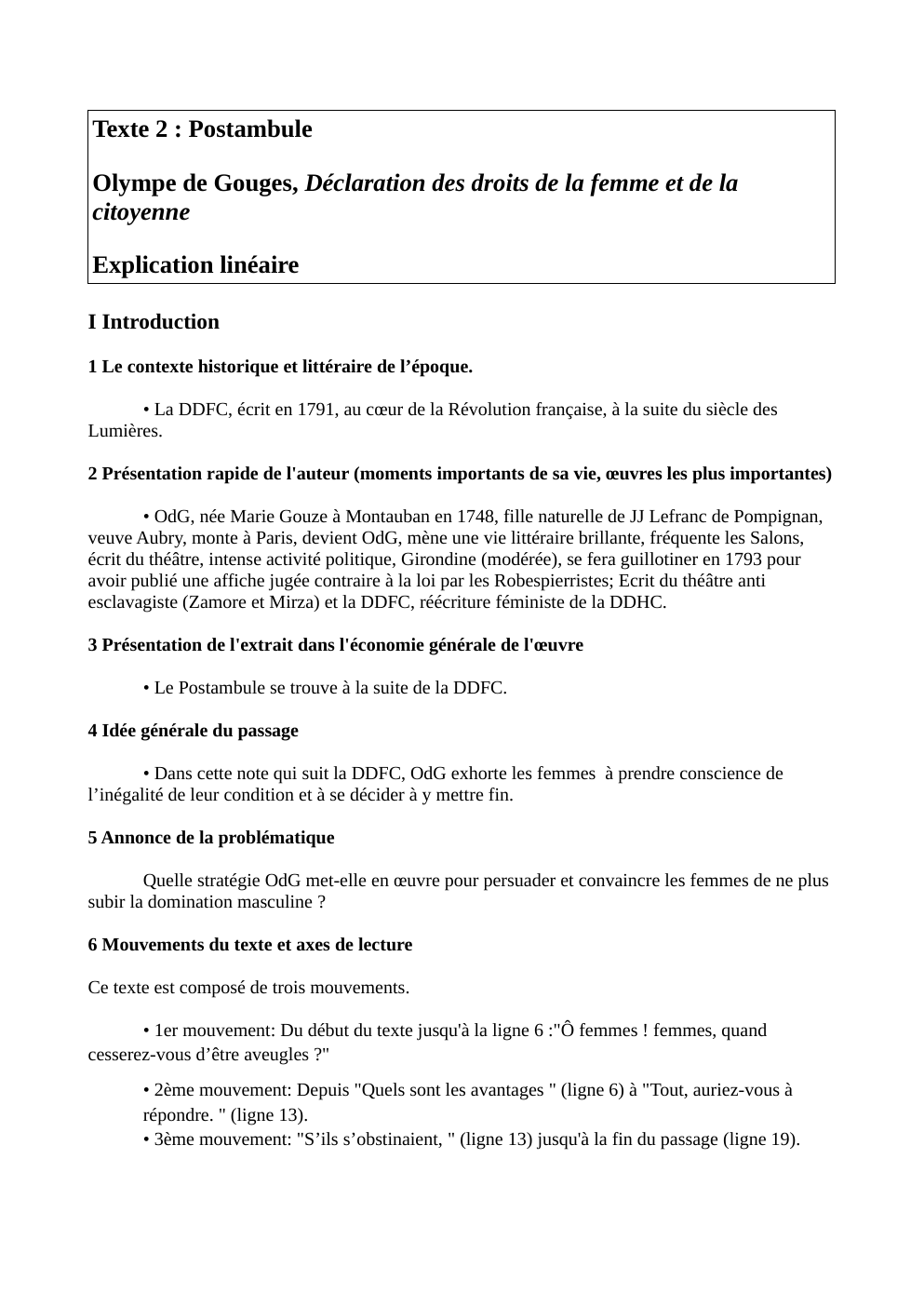 Prévisualisation du document Texte 2 : Postambule Olympe de Gouges, Déclaration des droits de la femme et de la citoyenne Explication linéaire