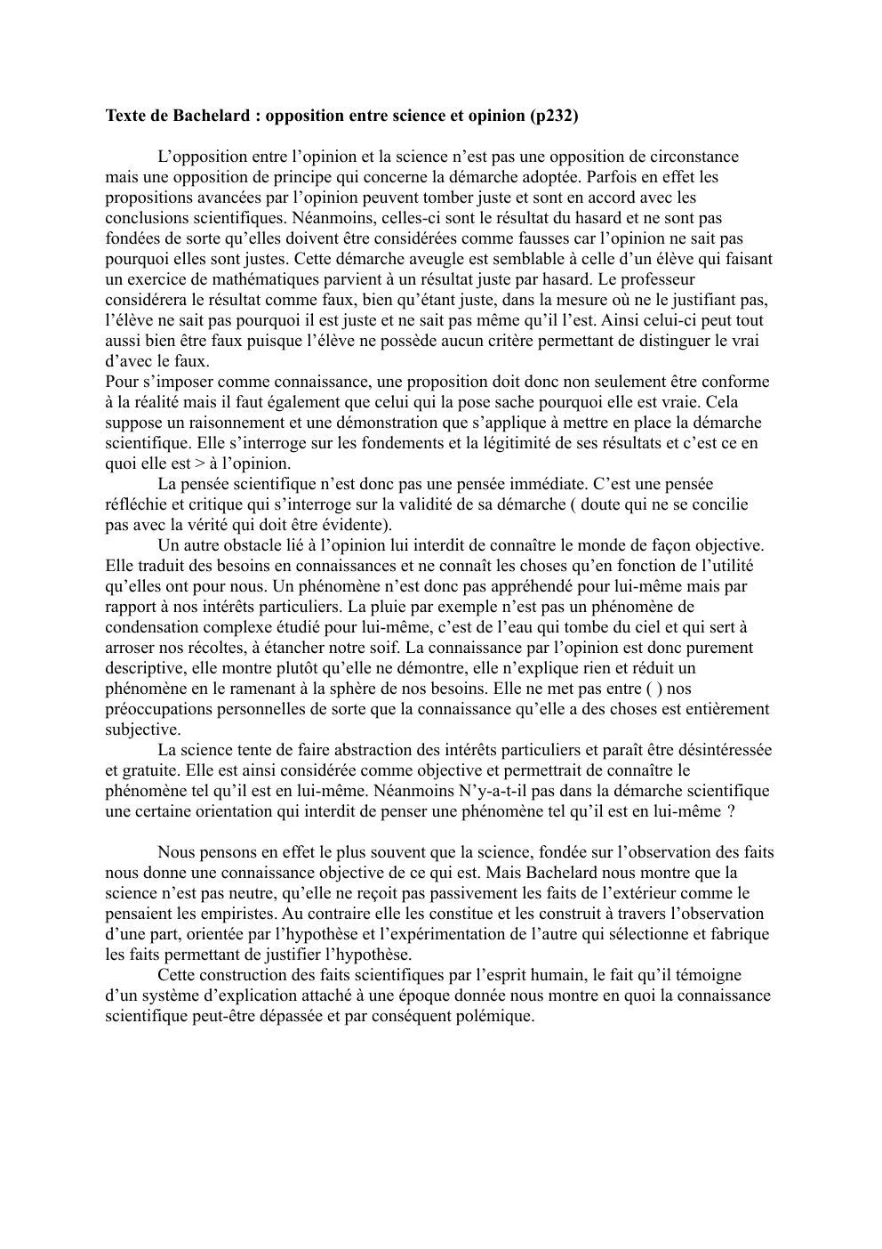 Prévisualisation du document Texte de Bachelard : opposition entre science et opinion (p232)