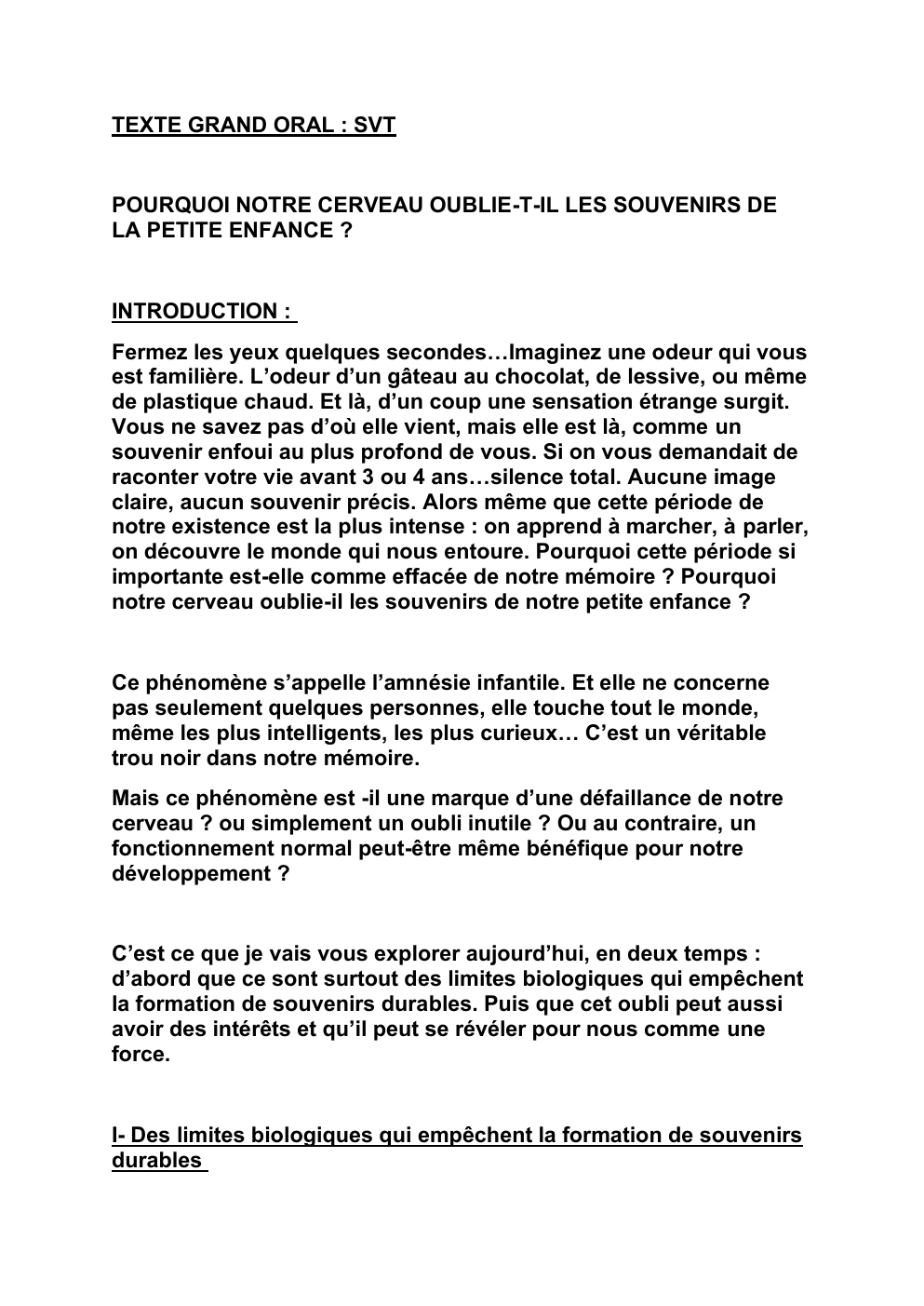 Prévisualisation du document TEXTE GRAND ORAL : SVT  POURQUOI NOTRE CERVEAU OUBLIE-T-IL LES SOUVENIRS DE LA PETITE ENFANCE ?