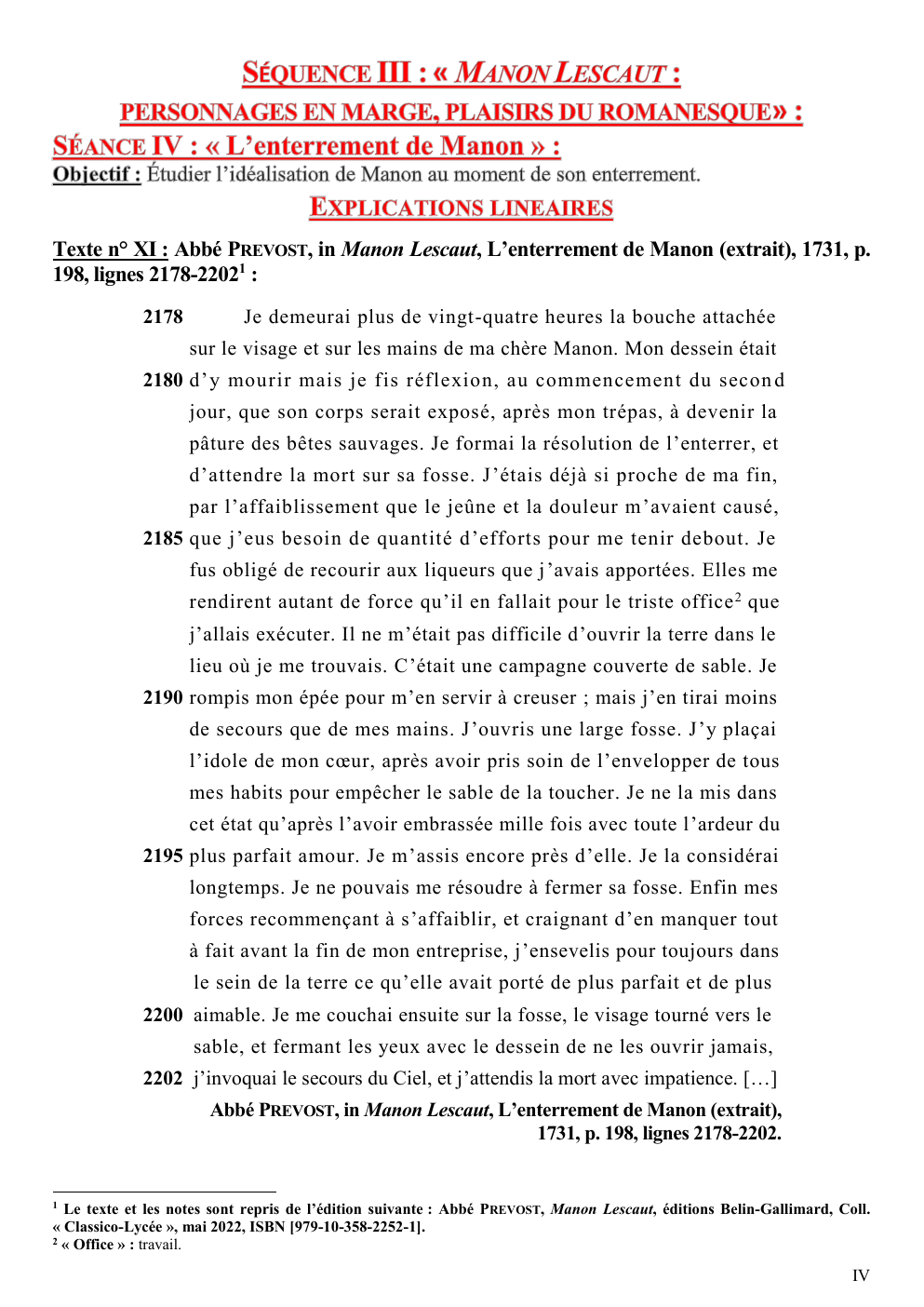 Prévisualisation du document Texte n° XI : Abbé PREVOST, in Manon Lescaut, L’enterrement de Manon (extrait), 1731, p. 198, lignes 2178-22021