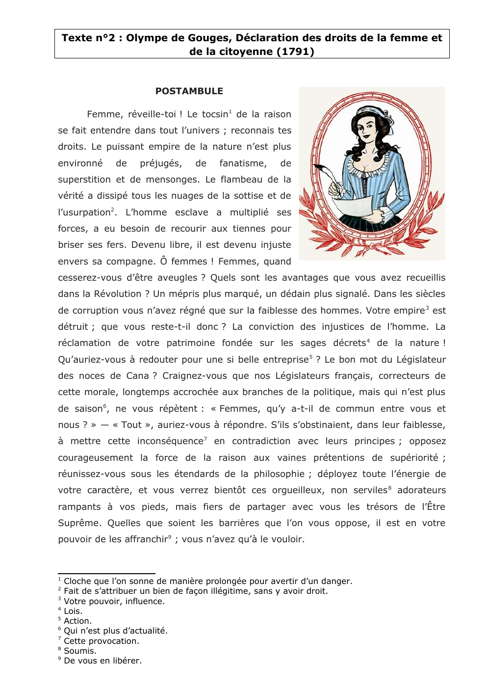 Prévisualisation du document Texte n°2 : Olympe de Gouges, Déclaration des droits de la femme et de la citoyenne (1791)  POSTAMBULE