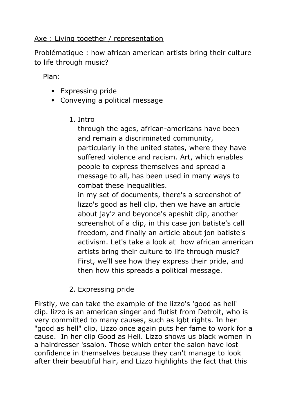 Prévisualisation du document texte spé anglais amc Problématique : how african american artists bring their culture to life through music?